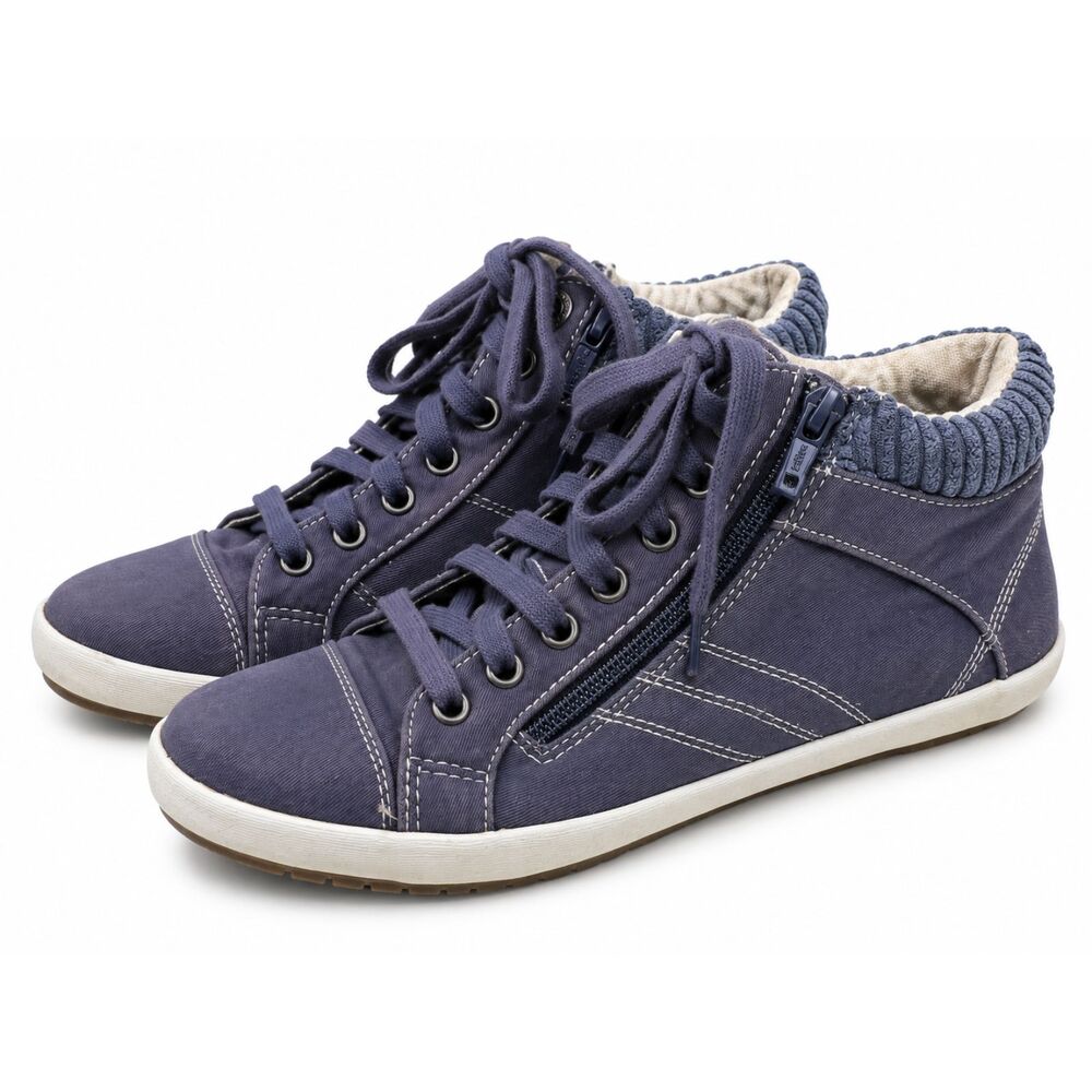 Taos Startup Indigo Distressed Canvas Mid Top Zip Sneakers Corduroy Collar Women